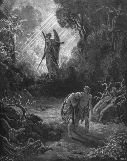 First Book of Moses, Chapter 3, Verse 24, Expulsion from Paradise, Bible, Adam and Eve, Kerubim and the Blazing Flame Sword, Old Testament, Genesis, History of Creation, Law Books, Rays of Light, Angels in the Sky, Sword, Despair, Plants, Birds, Historical Illustration by Gustave Doré around 1880
