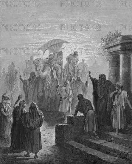 First book of Moses, chapter 24, verse 64, Isaac receives Rebecca, Rebecca has discovered Isaac and descends from her camel, Bible, Old Testament, Genesis, story of creation, law books, crowd, buildings, steps, greeting, rider, historical illustration after Gustave Doré around 1880
