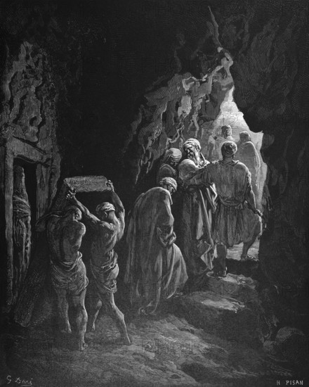 First book of Moses, chapter 23, verse 19, Sarah's burial, Abraham buries his woman Sarah in the cave near Hebron in the land of Canaan, Bible, Old Testament, Genesis, history of creation, law books, death, rock cave, Flesblock, darkness, group of men, steps, rock wall, stone grave, historical illustration after Gustave Doré around 1880