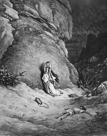 First book of Moses, chapter 21, verse 15, Hagar and Ishmael in the desert, when the water hose was empty, she put the boy under a bush, I can't watch the boy die, Bible, Old Testament, Genesis, story of creation, law books, woman, child, empty water jug, rocky landscape, dying of thirst, plants, lying, kneeling, pain, despair, praying, historical illustration after Gustave Doré around 1880