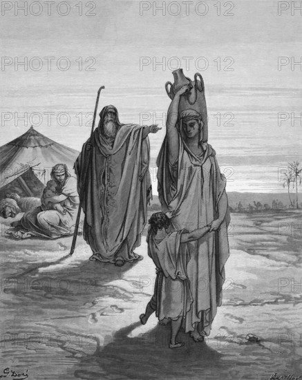 First book of Moses, chapter 21, verse 14, expulsion of Ishmael and his mother, she set off and wandered through the desert near Beersheba, Negev desert, Bible, Old Testament, Genesis, story of creation, law books, tent, children, woman, man, carry water jug on shoulders, drive away, severe, tears, pain, sadness, sheep, historical illustration based on Gustave Doré around 1880