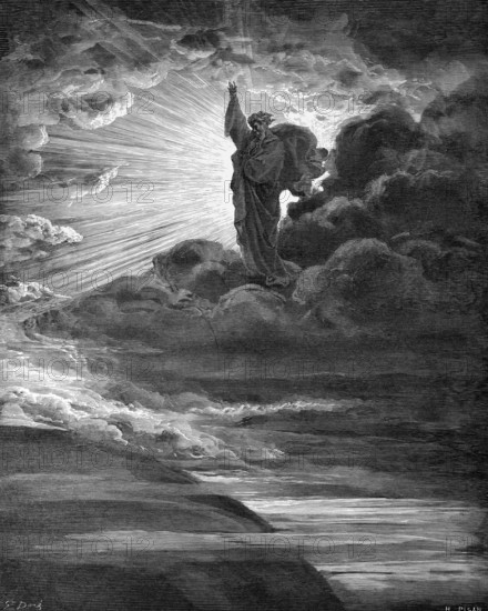 First Book of Genesis, chapter 1, verse 3, God spoke, There shall be light, Bible, Old Testament, Genesis, story of creation, books of law, rays of light, dark clouds, contrast, raised hand, historical illustration based on Gustave Doré around 1880