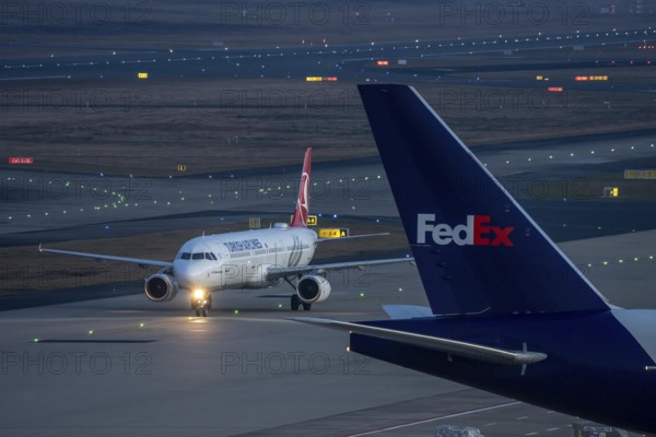 Turkish Airlines Airbus A321 after landing at Cologne/Bonn airport, on the taxiway to the terminal, North Rhine-Westphalia, Germany