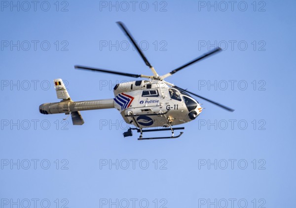 Belgian Police Fédérale Police Helicopter, Service d'Appui Aérien, stationed at Brussel-Zaventem Airport at Melsbroek Airbase, type MD Helicopter Model 902 Explorer, here taking off from Düsseldorf Airport