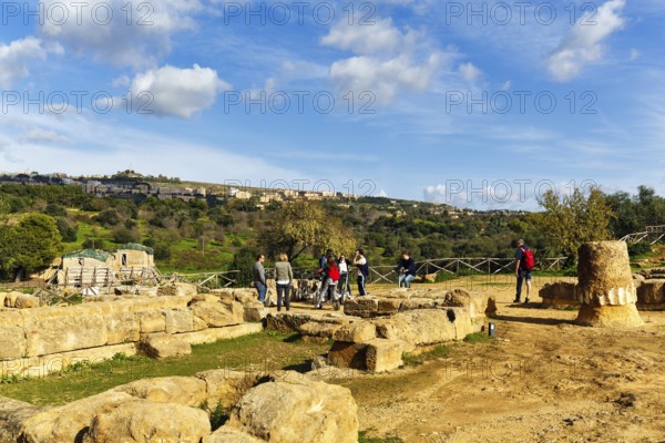 Tourist group, archaeological site in the Valley of the Temples, breathtaking landscape with ruins and olive trees, Cumulus, Agrigento, Sicily, Italy