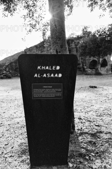 Memorial plaque, stele for Khaled Al-Asaad, Syrian archaeologist, Garden of the Righteous, Valley of the Temples, Agrigento, Sicily, Italy