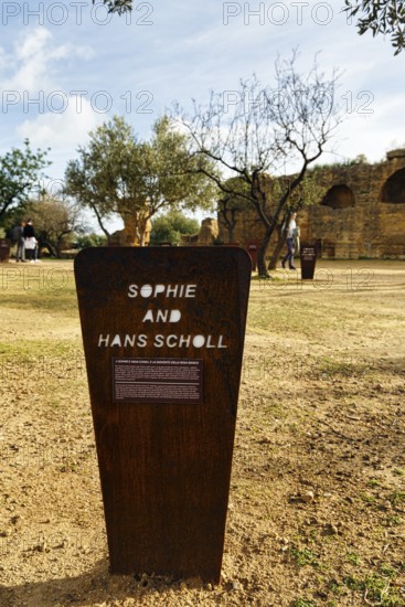 Memorial plaque, stele for Sophie and Hans Scholl and the White Rose, resistance group against the National Socialist dictatorship, Garden of the Righteous, Valley of the Temples, Agrigento, Sicily, Italy