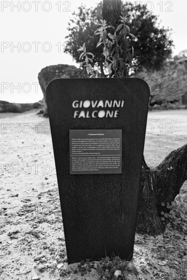 Memorial plaque, stele for Giovanni Falcone, Garden of the Righteous, monochrome, Valley of the Temples, Agrigento, Sicily, Italy