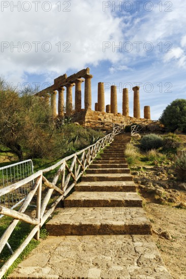 Temple of Heracles, ruins in the Valley of the Temples, restoration, stairway, Valley of the Temples, Agrigento, Sicily, Italy