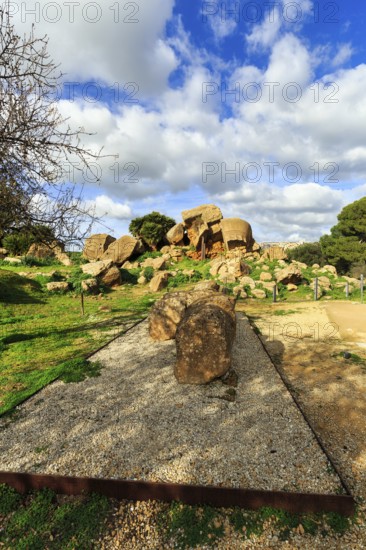 Rubble field, destruction, ruins, temple of Olympian Zeus with display board, Valley of the Temples, Agrigento, Sicily, Italy