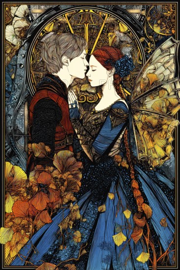 Tarot card The Lovers showing a couple in a romantic embracement symbolizing the concept of Love, AI generated