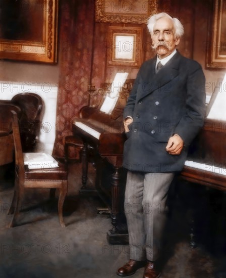 Gabriel Fauré, 1845 – 1924, French composer, next to his piano in his appartement, Boulevard Malesherbes, Paris, digitally edited according to a photograph by Pierre Choumoff