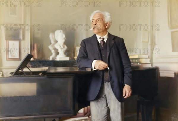 Gabriel Fauré, 1845 – 1924, French composer, next to his piano in his appartement, Boulevard Malesherbes, Paris, digitally edited according to a photograph by Dornac