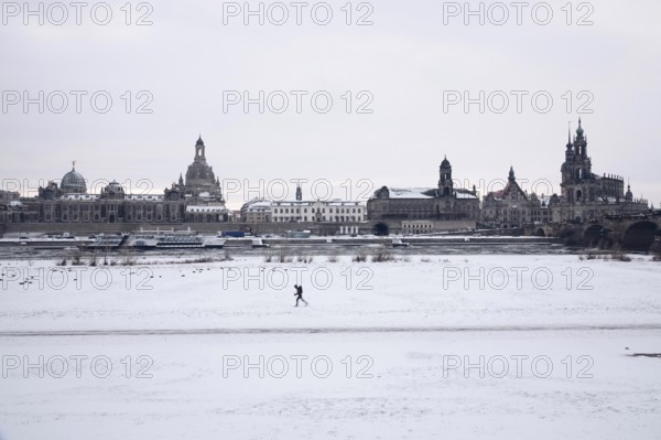 View of Church of Our Lady Dresden, castle and court church in winter, Saxony, Germany