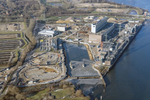 Germany, Hamburg, Moorburg, Süderelbe, power plant, new building, construction site, planning, electricity, production, economy, technology, building, land, industrial site, industrial site, energy, energy supplier, power generator, site, factory site, aerial view, hydrogen, green, electrician, demolition
