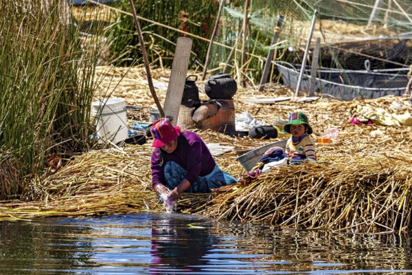 Woman and child work in a rural scene on the shores of a lake surrounded by reeds, The floating reed islands of the Uros in Lake Titicaca in Peru