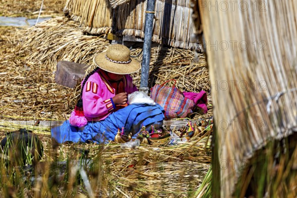A woman in traditional traditional costume works in a reed area, The floating reed islands of the Uros in Lake Titicaca in Peru