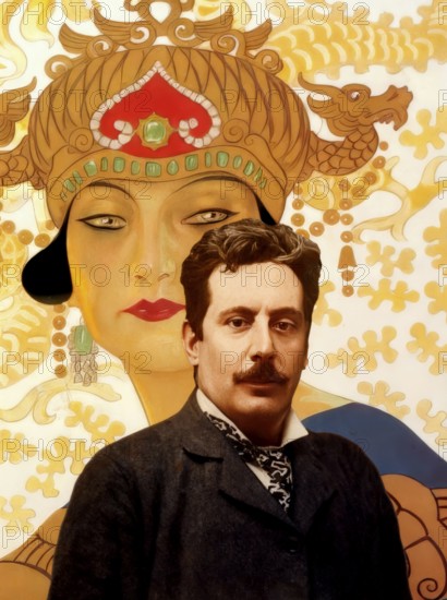 Portrait of Giacomo Puccini, digitally edited according to a photograph, promotional poster for Giacomo Puccini's opera Turandot, 1926, by Leopoldo Metlicovitz