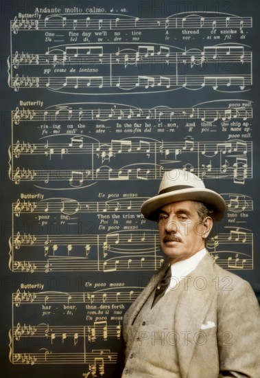 Giacomo Puccini, 1858 –1924, Italian composer, digitally edited according to a photograph by Wilhelm Willinger, notes from the opera Madame Butterfly