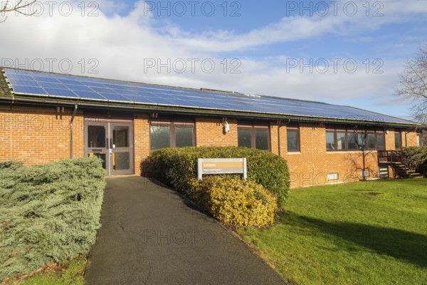 Solar panels on roof of Estates building, Whiteknights Campus, University of Reading, Reading, Berkshire, England, UK