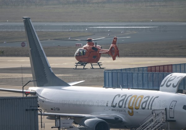 Rescue helicopter, air rescue from the Federal Ministry of the Interior, BMI, Christoph 3, stationed at Cologne/Bonn airport, CGN, takes off for an emergency operation, type Eurocopter EC-135 T2i, North Rhine-Westphalia, Germany