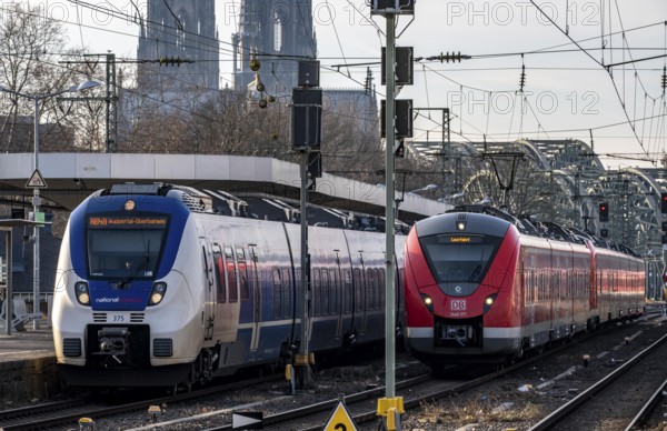 Train on the line, platform tracks in front of Cologne-Messe/Deutz station, S-Bahn, empty journey North Rhine-Westphalia, Germany