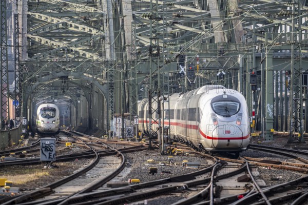 Rail track in front of Cologne Central Station, Hohenzollern Bridge across the Rhine, ICE long-distance trains in front of the railway bridge, Cologne, North Rhine-Westphalia, Germany