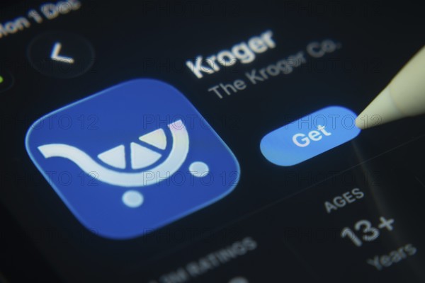 Dhaka, Bangladesh- 01 Dec 2025: A close-up of the Kroger app icon in the App Store on an iPad screen
