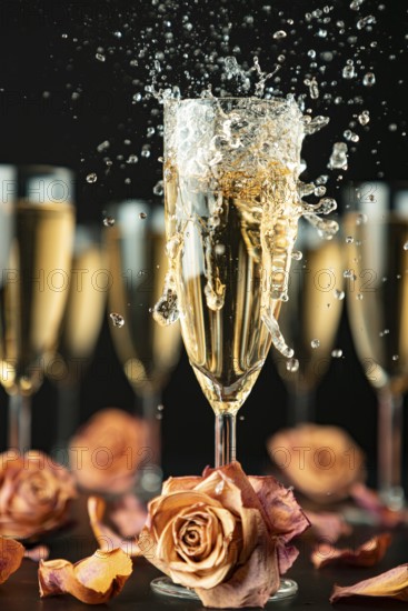 Sparkling wine made of glass surrounded by other glasses and rose petals on a black background