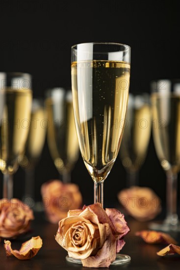 Champagne glasses with rose petals on a black background, solemn and romantic