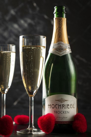 Champagne bottle and filled glasses with red heart decorations, on dark background