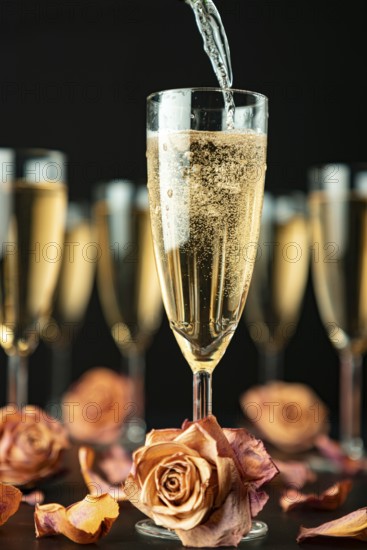Sparkling wine is being poured, champagne glasses with rose petals on a black background