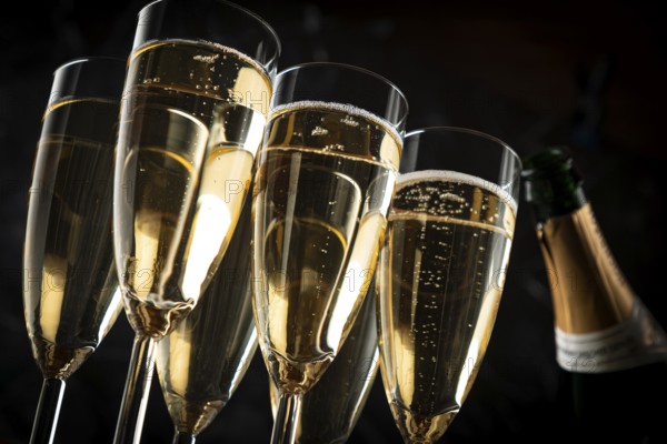 Several champagne glasses and a bottle against a dark background