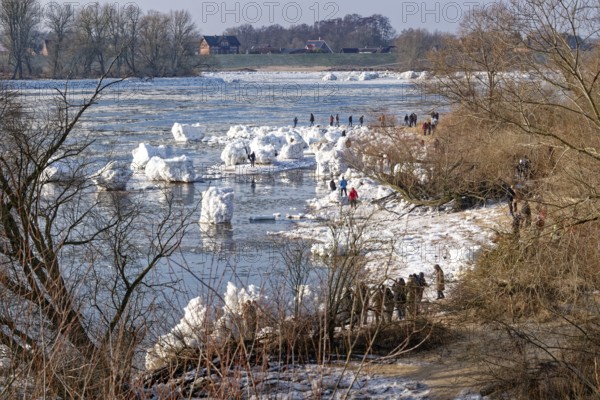 Many visitors look at the icebergs on the water of the Elbe and on the banks of the Elbe Island near Geesthacht on a cold winter day. Geesthacht, Schleswig-Holstein, Germany