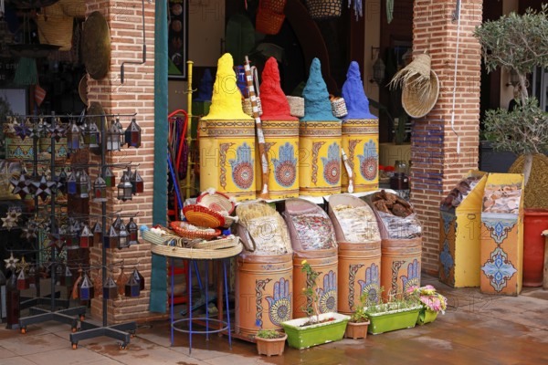 Sales stand selling spices and herbs at a market in Marrakech, historic old town, Medina, UNESCO World Heritage Site, Morocco