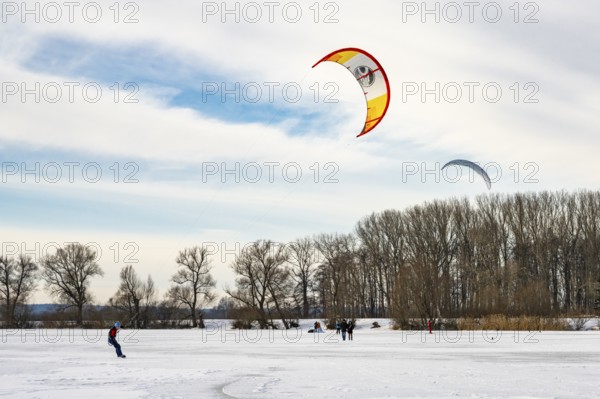 Skating on the ice of Lake Dümmer, ice skating on winter Dümmer, Eickhöpen, Lembruch, Lower Saxony, Germany