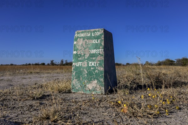 Road sign, Nxai-Pan National Park, near Gweta, Central District, Botswana