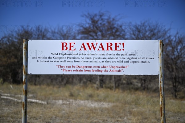 Warning sign for wild animals in South Camp, Campground, Nxai-Pan National Park, near Gweta, Central District, Botswana