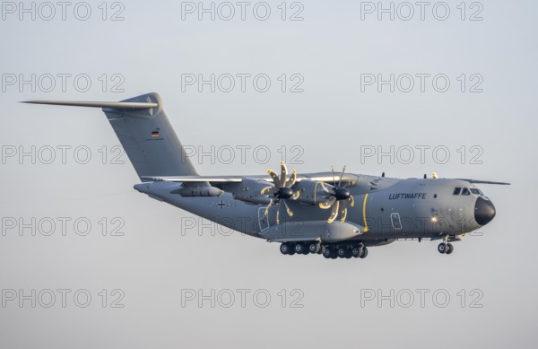 Airbus A400 transport aircraft of the German Air Force, landing at Cologne/Bonn airport, CGN, belongs to the air transport squadron 62 air refueling probe, North Rhine-Westphalia, Germany