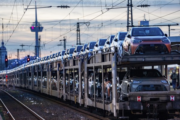 Car train, transport of Toyota small cars with a freight train from BLG Logistics, a logistics service provider for automobiles, Cologne, North Rhine-Westphalia, Germany