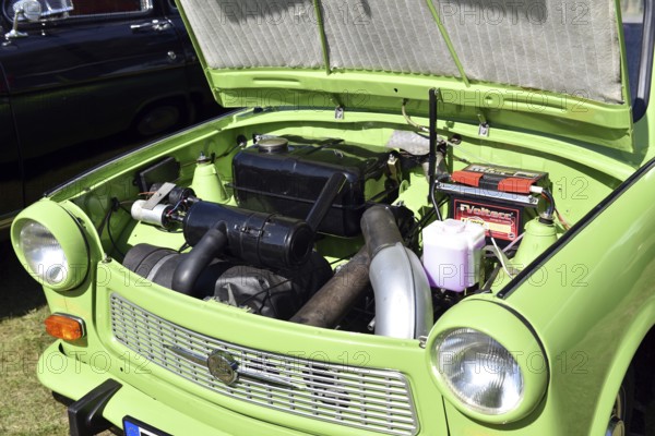 Motor, car engine of the Trabant 601 at Oldtimer Ausstellung, Prerow, Mecklenburg-Vorpommern