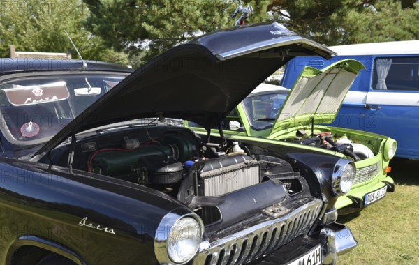 Volga GAZ-24 and Trabant 601 car engine at Oldtimer Ausstellung, Prerow, Mecklenburg-Vorpommern