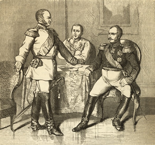 Meeting in Warsaw, Count Brandenburg, Prince Schwarzenberg, Emperor Nicholas (from left to right) History, Prussia, Germany, historical illustration 1882
