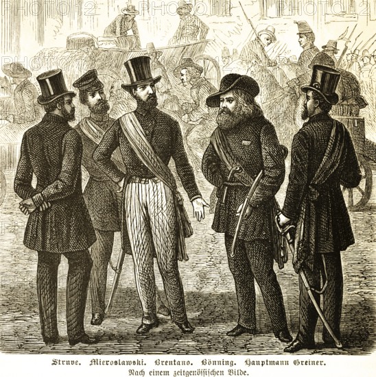 Struve, Mieroslowski, Brentano, Bönning, Captain Greiner, (from left to right) revolutionary years 1848-1849, uprising in Baden, Polish officer Ludwik Mieroslawski as leader of the Baden troops, revolutionary government 1849 with Lorenz Brentano as chairman, proclamation of the German Republic, city scene, carriages, history, Prussia, Germany, historical illustration 1882