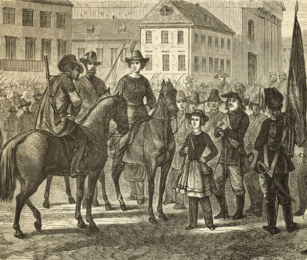 Arrival of the leader of the Baden Uprising in Karlsruhe, Gustav Struwe proclaims the German Republic in 1848, riots, revolutionary years 1848-1849, horsemen, crowd, street scene, armed insurgents, population, Germany flag, buildings, woman, men, history, Prussia, Germany, historical illustration 1882