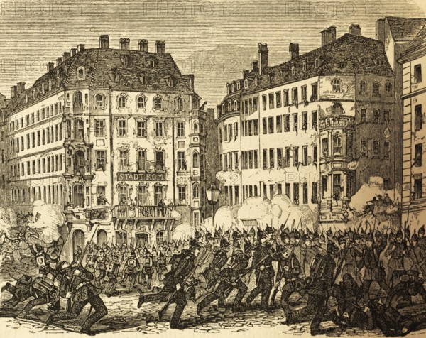 Suppression of the uprising in Dresden in 1849, history, street scene, 19th century, womb-infantry brigade, reforms, revolution, struggle, riots, weapons, armament, soldiers, violence, regiment, shooting, roadblocks, dead, injured, inscription city of Rome, Prussia, Germany, historical illustration 1882