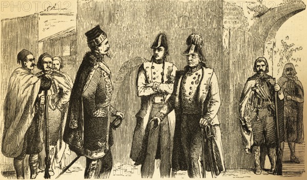 Armistice negotiations in 1849 between Austrian Field Marshal Josef Wenzel Radetzky and the Italian King Victor Emmanuel II, defeat of Italy, victory of Austria, armistice agreement, peace, negotiation, conversation, meeting, uniform, parties, end of war, history, Prussia, Germany, historical illustration 1882