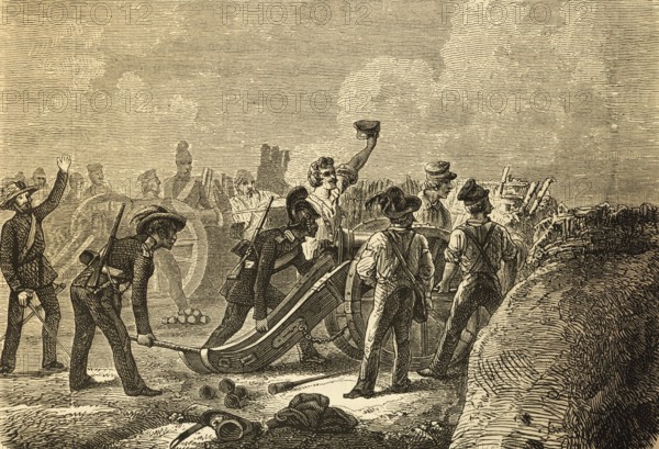 Defence of a ski jump near Kloppenheim by Baden, revolutionary years 1848-1849, uprising, riots, combat, guns, soldiers, combat, men, history, Prussia, Germany, historical illustration 1882