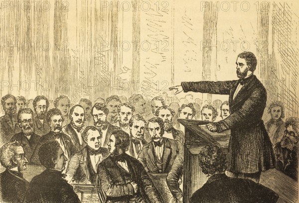In the Prussian Parliament, history, imperial constitution, democracy, Prussian state assembly, men, three-class suffrage, revolution, members of parliament, speaker, Prussia, Germany, historical illustration 1882