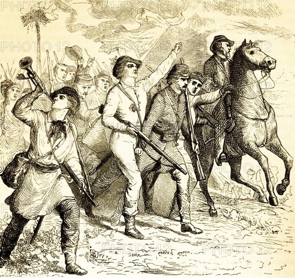 Excerpt of Schleswig-Holstein gymnasts and students 1848, Schleswig is Danish, demanding independence from Denmark, rebellion, resistance, parade, horsemen, men with guns, trumpet, fight, freedom, Prussia, Germany, history, historical illustration 1882